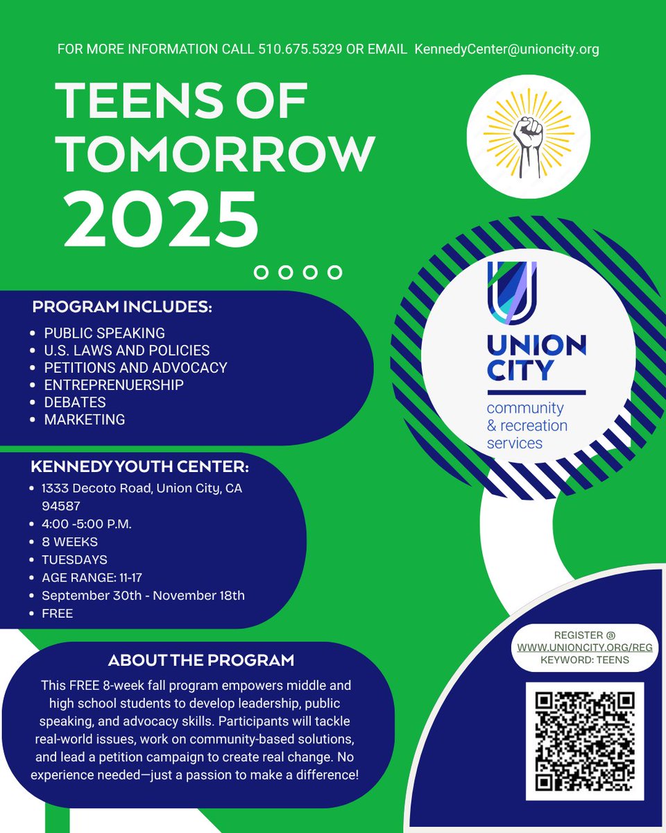 Teens of Tomorrow is a FREE 8-week fall program empowers middle and high school students to develop leadership, public speaking, and advocacy skills.  No experience needed—just a passion to make a difference!

#MyUnionCity #UnionCityCA #UnionCityCRS