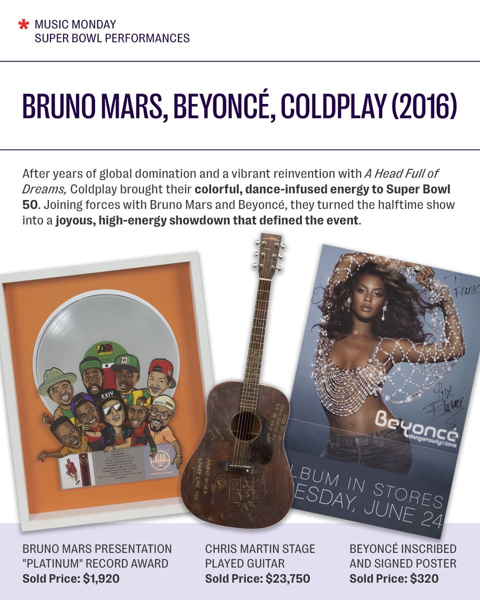 JuliensAuctions's tweet image. In honor of the recent announcement, this #MusicMonday we’re looking back at some of the most unforgettable Super Bowl halftime performances , from show-stopping pop spectacles to legendary rock reunions. 🎤🏈

With Bad Bunny set to take the big stage, we can’t wait to see how