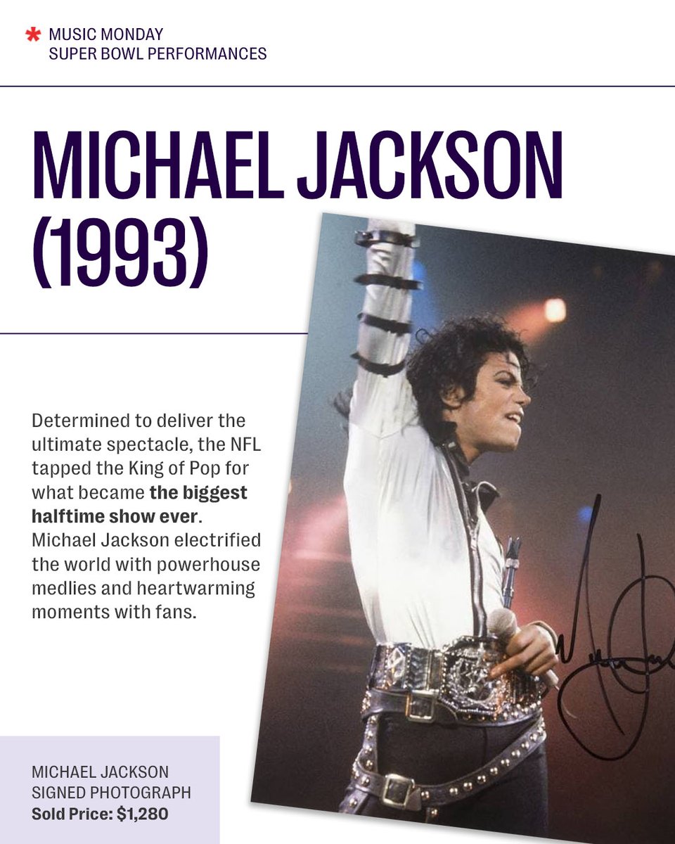 JuliensAuctions's tweet image. In honor of the recent announcement, this #MusicMonday we’re looking back at some of the most unforgettable Super Bowl halftime performances , from show-stopping pop spectacles to legendary rock reunions. 🎤🏈

With Bad Bunny set to take the big stage, we can’t wait to see how