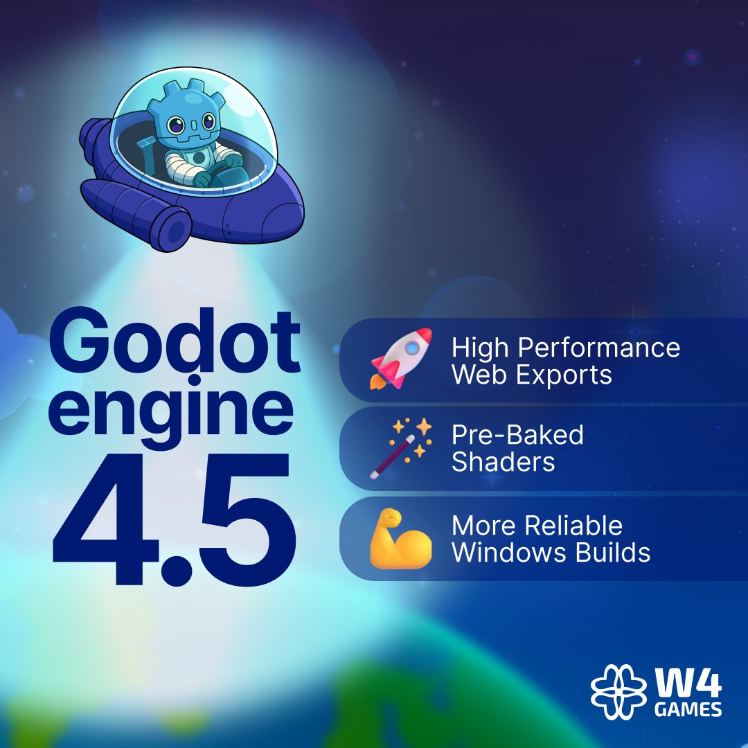 W4Games's tweet image. 🚀 #GodotEngine 4.5 is here! W4 Build is fully compatible! Build and ship your projects  with the latest version. Have you updated your project yet? 👀👉 Sign  up for FREE: w4games.com/w4build