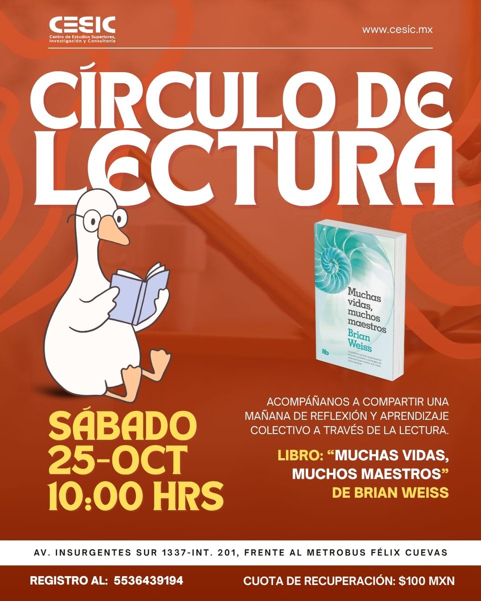¿List@ para una pausa con propósito? ☕📚

Ven al Círculo de Lectura del CESIC y descubre con nosotros “Muchas vidas, muchos maestros” de Brian Weiss, un libro que transforma la forma en que entendemos la vida y el aprendizaje. 💫

🗓️ Sábado 25 de octubre, 10:00 am
#CESIC