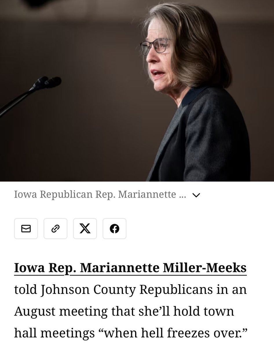 cjwarnke's tweet photo. 🚨🚨🚨

Mariannette Miller-Meeks says she’ll hold town halls ‘when hell freezes over’.

The definition of out-of-touch. #IA01 https://t.co/2RJ11LDKUl