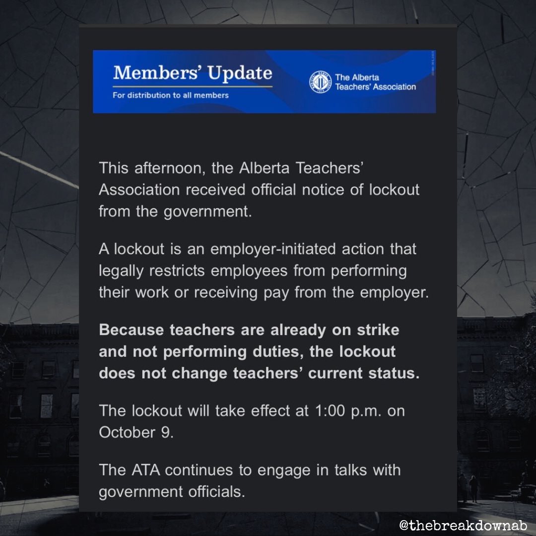TheBreakdownAB's tweet image. From the DM’s…

The government of Alberta has apparently decided to take down the temperature on the teachers strike…

By locking teachers out.

#abpoli #ableg #cdnpoli