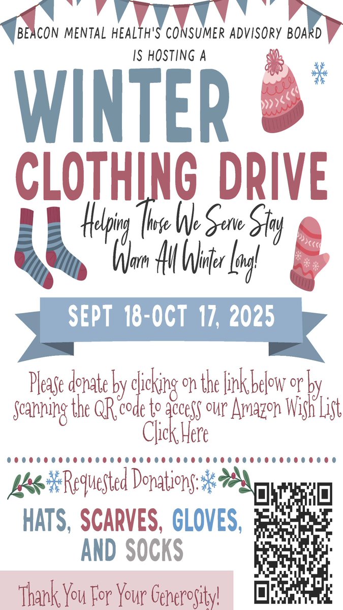 It's Amazon Prime Day Deals!!  Beacon Mental Health’s Consumer Advisory Board is organizing a winter clothing drive to help keep our community warm throughout the season. Scan the QR code or click on the link below to go to our Amazon wish list: ow.ly/grJE50WZFB4