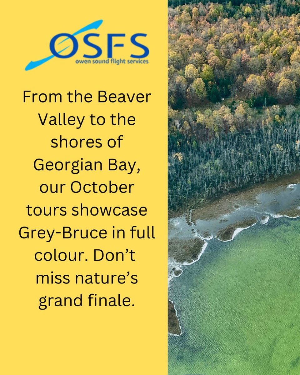 FlyOwenSound's tweet image. From the Beaver Valley to the shores of Georgian Bay, our October tours showcase Grey-Bruce in full colour. Don’t miss nature’s grand finale.

#autumnadventures #flightexperience #photography #fallcolours #brucepeninsula #owensound