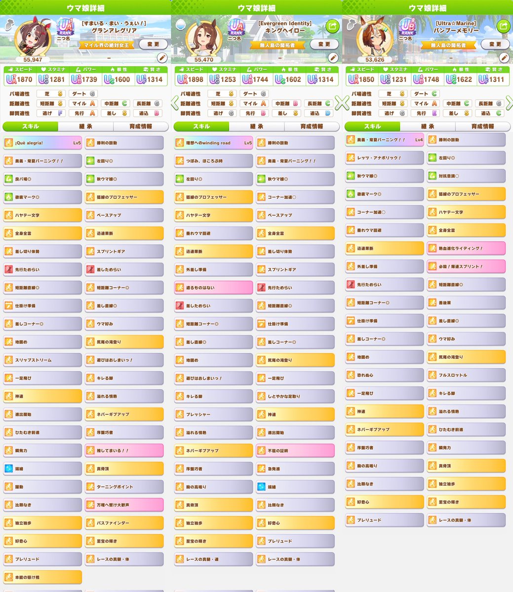 完全適性3人娘　バンブーから更新かなぁ…　グランつぼみないの痛すぎる🥺

グラン→つぼみ　フルスロ　真髄力　コーナー加速

キング→進化間違い　真髄力

バンブー　シンプルスキル少ない　継承固有　ターニングポイント　真髄力　差しためらい　

これで更新していこう