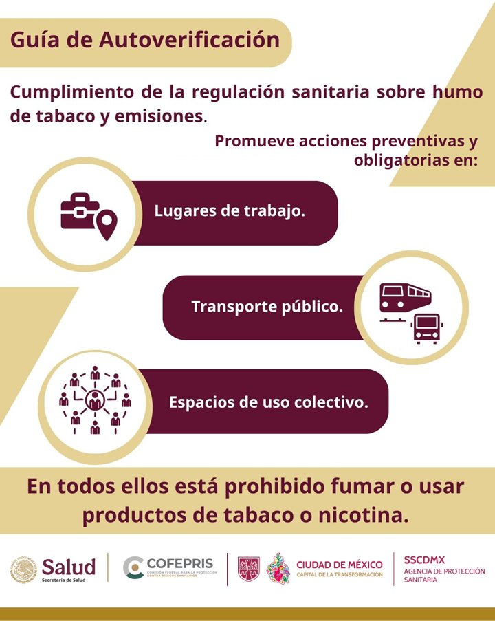 AGSANITARIA's tweet photo. Si permites #fumar dentro de tu establecimiento o en zonas mal delimitadas, tu clientela queda expuesta al #humo de tabaco o #vapeo, con #riesgos pulmonares y cardiovasculares.🫁☠️
Cumplir con la #LeyGeneralParaElControlDelTabaco de México, protege vidas. 🛡️
#LibreDeHumo https://t.co/CQS00cIZgu