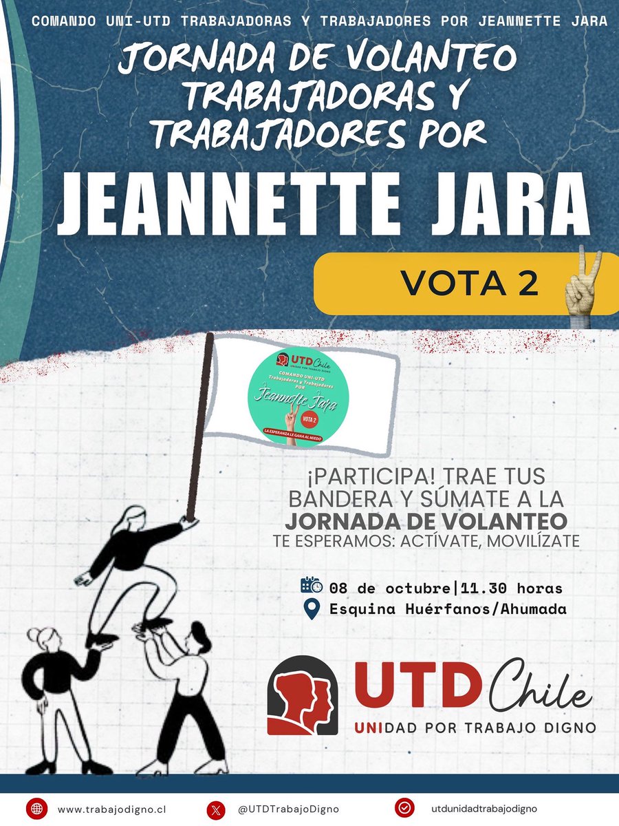 👉Súmate este miércoles a la jornada de “volanteo” en apoyo a la candidata   <a href="/jeannette_jara/">Jeannette Jara Román</a> 
👇
🗓️ 08 de octubre 
🕥 11:30 H
📍Huérfanos/Ahumada
✔️Convoca: comando UNI-UTD Trabajadorxs por Jeannette Jara📣