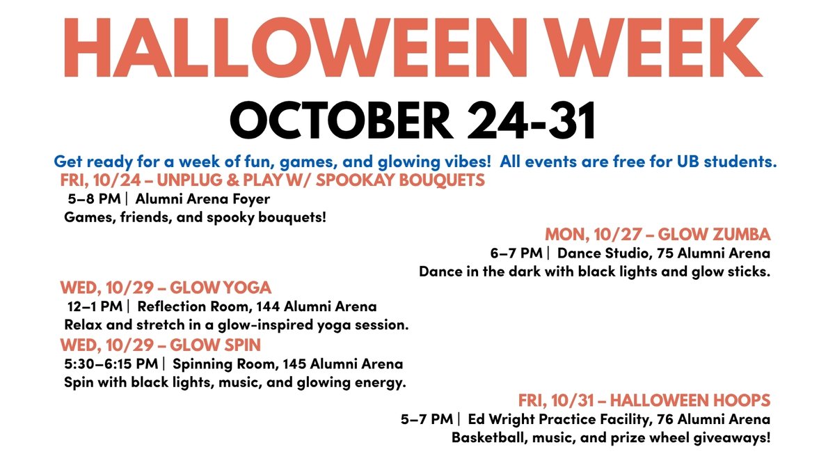 UBrecreation's tweet photo. October’s packed with things to do at UB Rec! 🍂💪
From fall fitness events to fun seasonal activities, there’s plenty of ways to get moving and stay connected this month.

Check out what’s happening 👉 https://t.co/t2TvJRalJO

#UBRecreation #UBuffalo https://t.co/SWh9FiIY8n