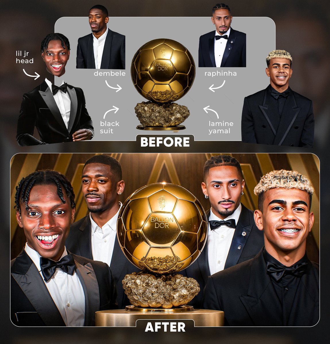 krivorotoff17's tweet image. Thumbnail breakdown 🎯

New breakdown!
Breaking down the latest thumbnail for @LilJr_ltd  — the players were already in tuxedos, I used their photos from the awards, but had to dress up Junior myself 😄

W or L? 🔽

#thumbnails #youtubethumbnails #DesignForYouTube