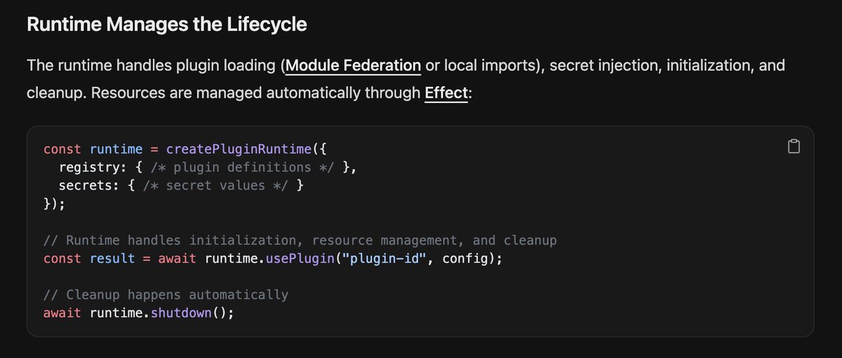 elliot_braem's tweet image. every-plugin is a framework for building composable, type-safe plugin systems. It combines @EffectTS_ for resource management, Module Federation for remote loading, and oRPC for powerful, type-safe APIs.

Build module, provide the URL, and get a fully-typed client anywhere