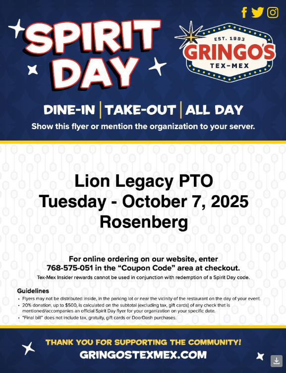 LionLegacyPTO's tweet photo. Spirit Day🎉 Tues 10/7 at Gringo’s Tex-Mex-Rosenberg for a delicious way to support the Tri-Campus Lion Legacy PTO!🌮

ALL DAY! - Dine-in or Take-out

📱For online orders, use code 768-575-051

Every bite helps! 🙌
@RandleHS @WrightJHLions @gringostexmex @SteenbergenMS https://t.co/xcSVlugrJS