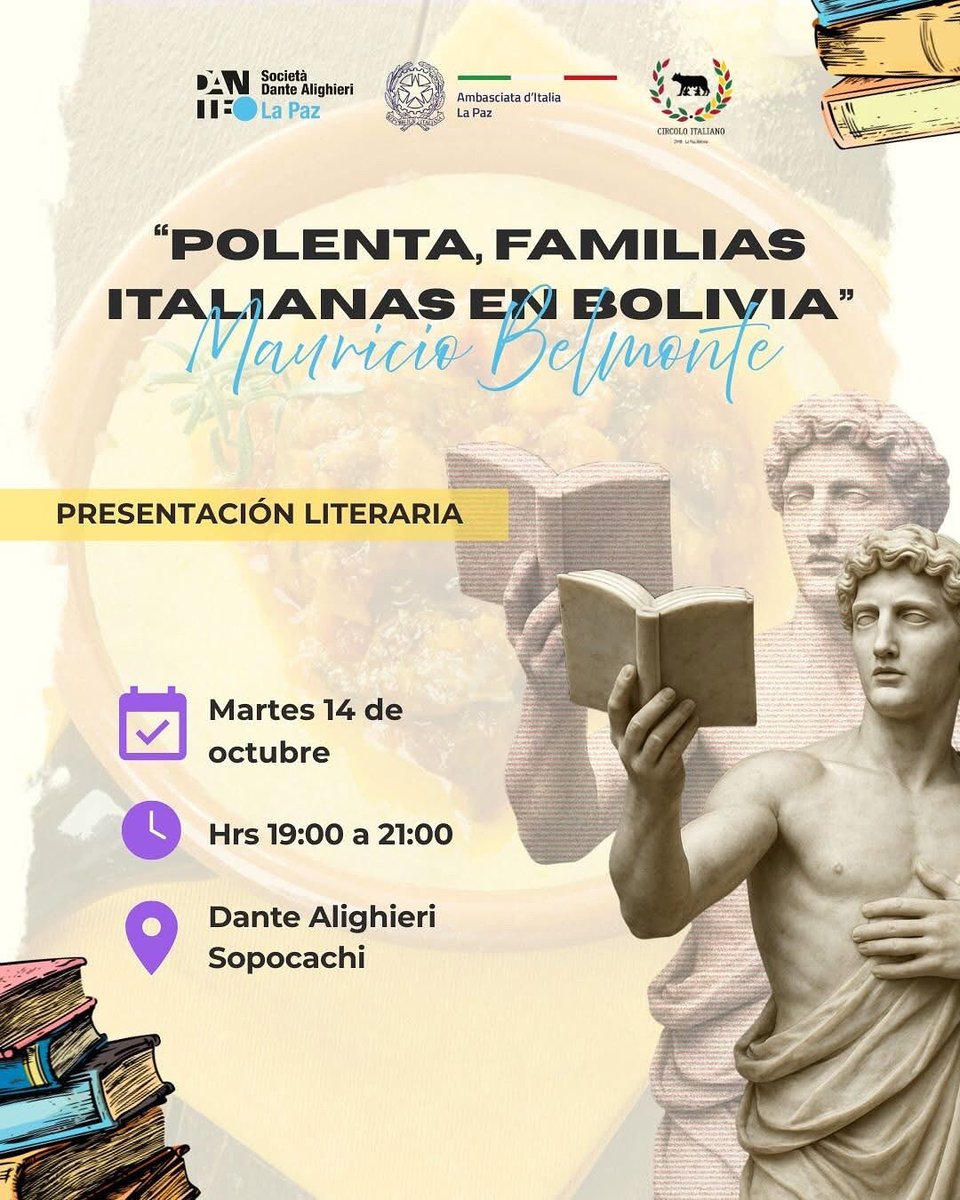 🇮🇹Settimana della Lingua Italiana nel Mondo
📅 Martes 14 de octubre
🕖 De 19:00 a 21:00
📍 Auditorio de la Dante Alighieri, Av. 6 de Agosto, entre P. Salazar y Pinilla #2575
✏️Regístrate: forms.gle/EdedKJFeBNAz6Z…