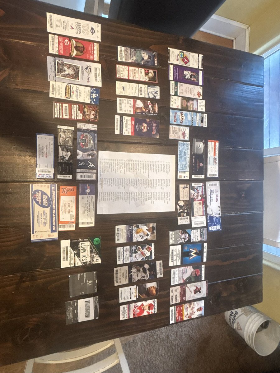 Bravesnik's tweet photo. @baseballisdead_ 41 stadiums seeing the @Braves play in.  A handful of these are photoshop or screenshots of digital tickets.  Some stadiums will print, most won’t. https://t.co/xRlf5x8UV6