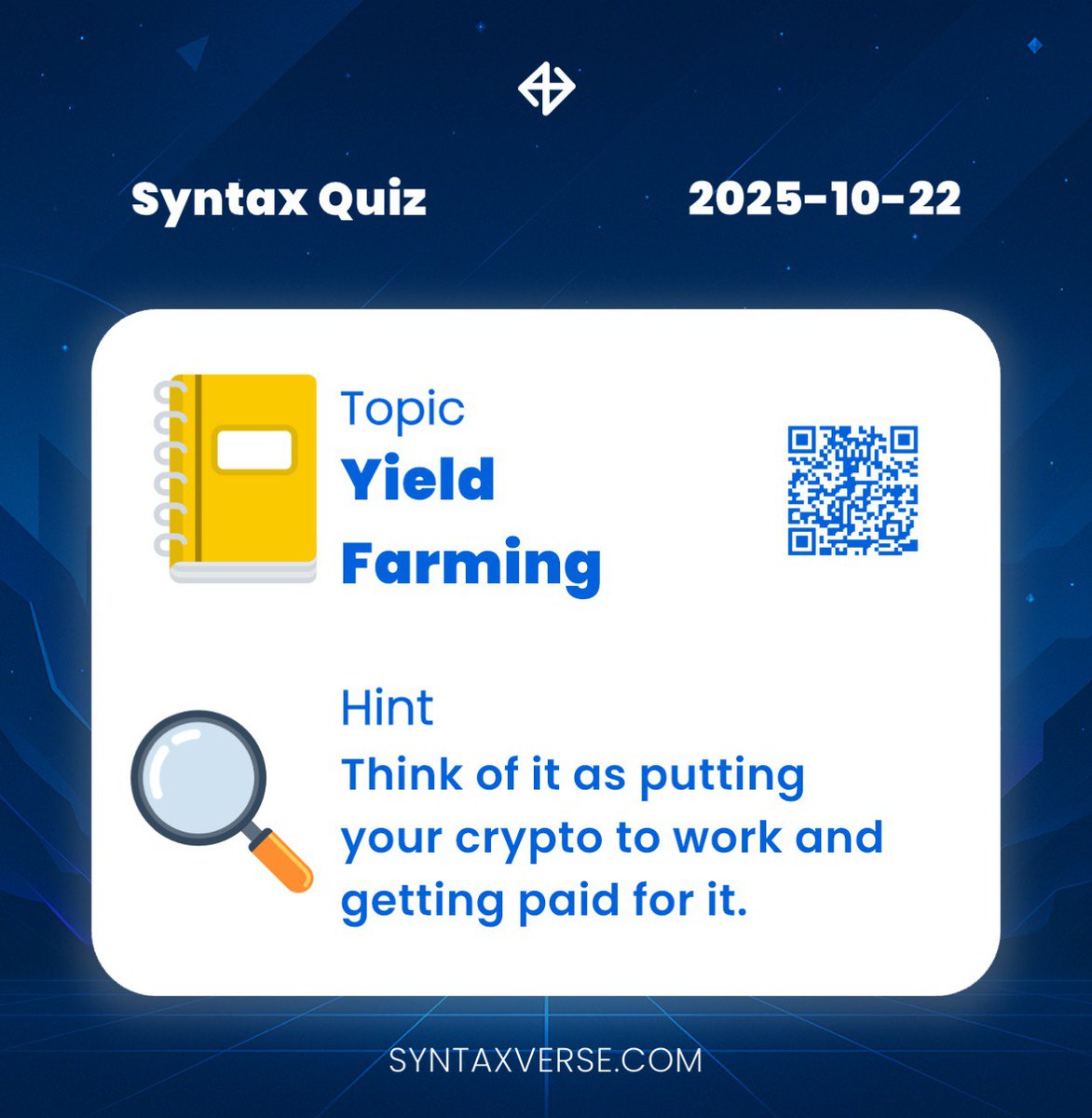 DAILY QUIZ ANSWER
    
📆 Date: 22nd October 2025
📚 Topic: Yield Farming 

🗝 Hint: Think of it as putting your crypto to work and getting paid for it.

Got the answer❓💭
Don’t keep it to yourself, drop it in the comments and help someone out! 

Let’s turn learning into a team