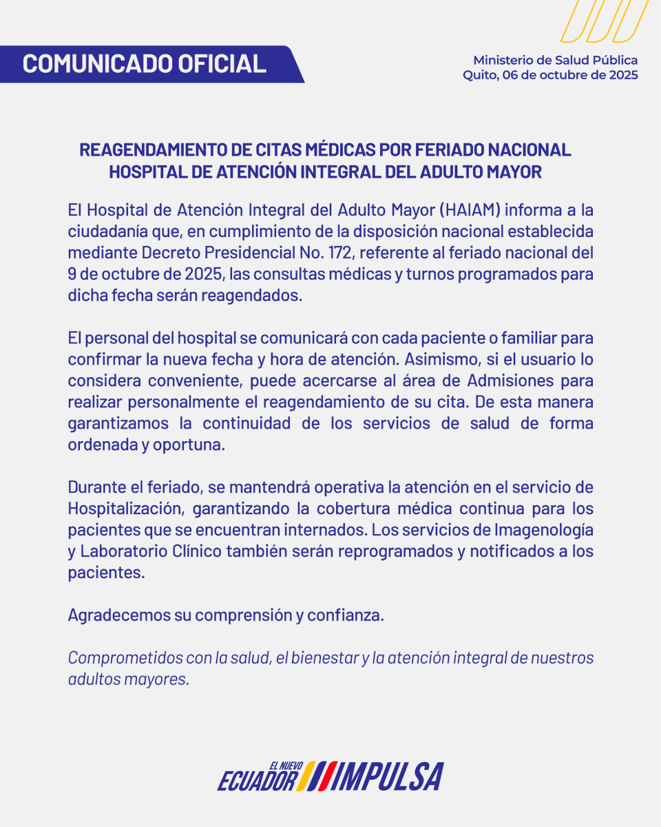 HospAdultoMayor's tweet photo. ⚠️ AVISO HAIAM: Por el feriado del 9 de octubre, las citas programadas serán reagendadas. Nuestro personal se comunicará para darle la nueva cita, o puede acercarse al área de Admisiones. El servicio de Hospitalización se mantiene operativo. ¡Garantizamos tu atención! 💙 https://t.co/xGsClyQZPk