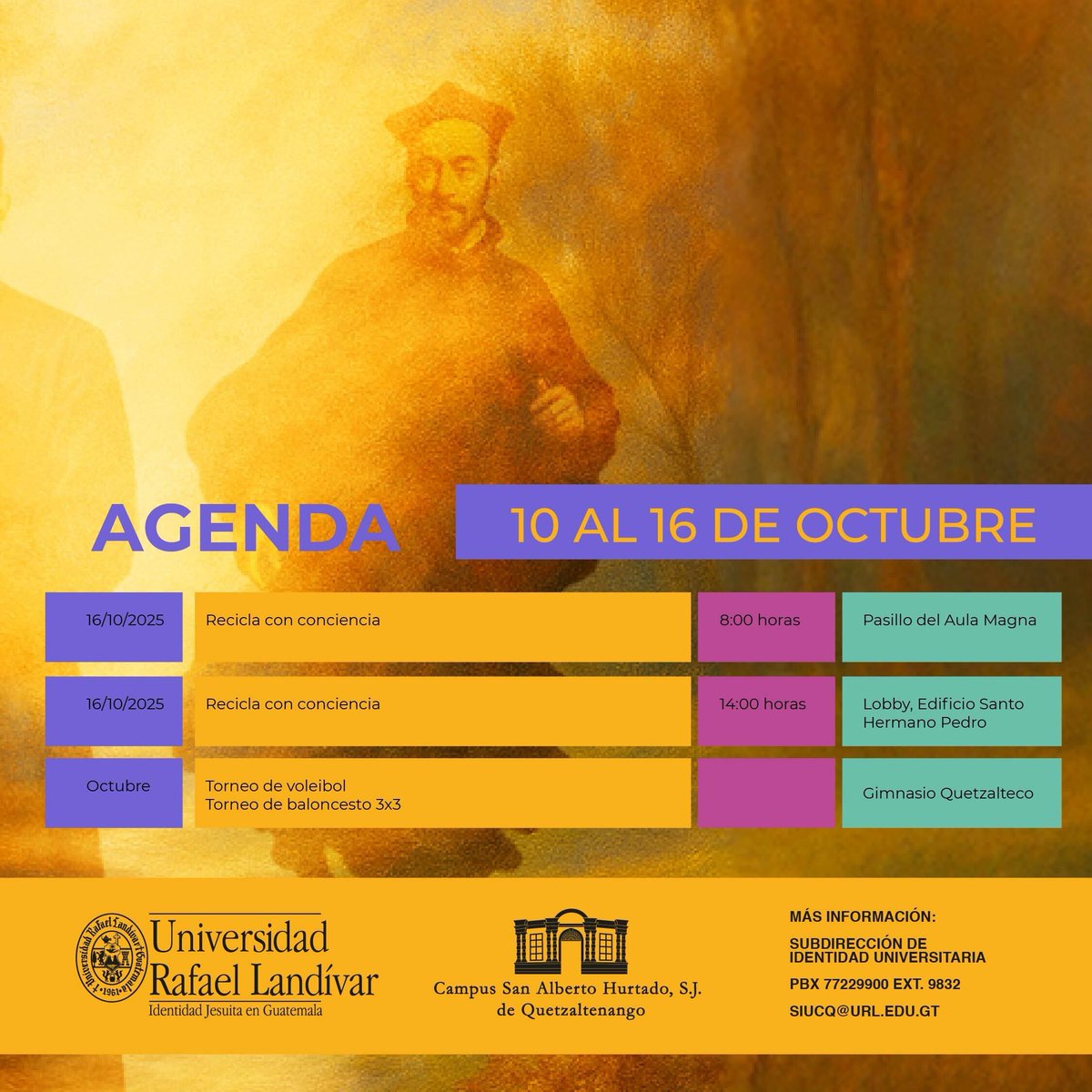 urlxela's tweet photo. #urlxela
Participa en las actividades de la Semana Landivariana

🗓 Del 10 al 16 de octubre

Mayor información:
Subdirección de Identidad Universitaria
📞 PBX: 77229900 Ext. 9832
✉️ siucq@url.edu.gt https://t.co/q79mu76hPN