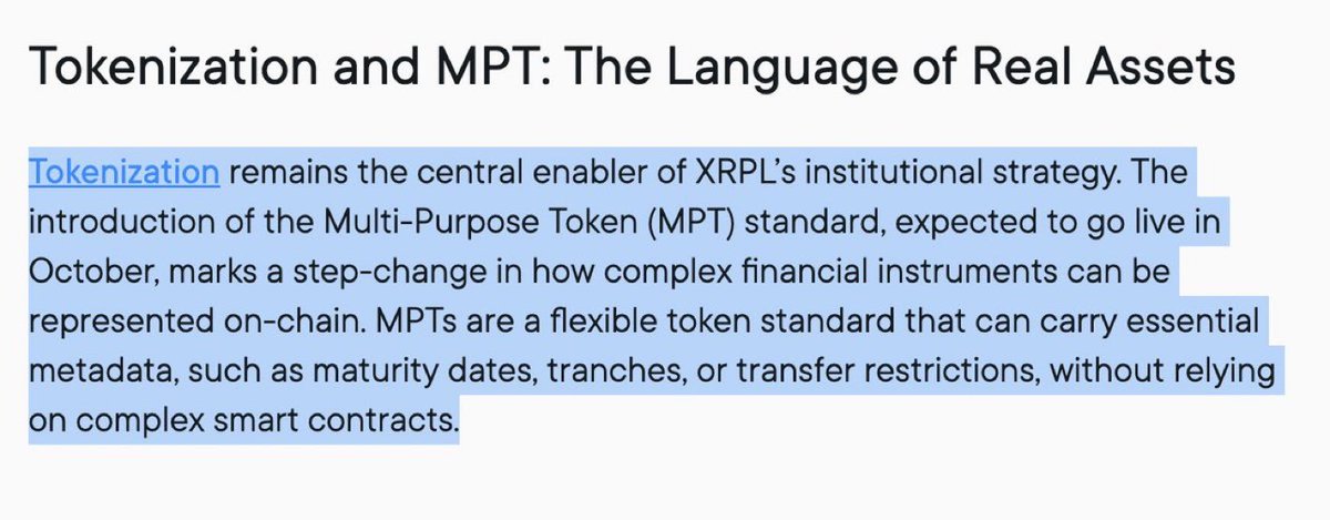 Loryreportts's tweet image. XRP HAS MULTIPLE USE CASES, SOME THAT HAVE NOT YET TO BE SEEN, MULTI-PURPOSE TOKENS (MTP) ANOTHER DAGGER 🔥🔥
THIS IS FIRE ☄️ " THE INTRO OF MTP STANDARD EXPECTED TO GO LIVE OCTOBER, MARKS STEP-CHANGE IN HOW COMPLEX FINANCIAL INSTRUMENTS CAN BE REPRESENTED ON CHAIN 🚀 🚀