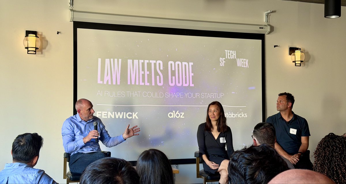 Tahir_Mahmood's tweet image. Law Meets Code in Chinatown, San Francisco with Trâm Phi, General Counsel at Databricks, Matt Perault, Head of AI Policy at a16z, and Dave Bell, Partner at Fenwick. #techweek