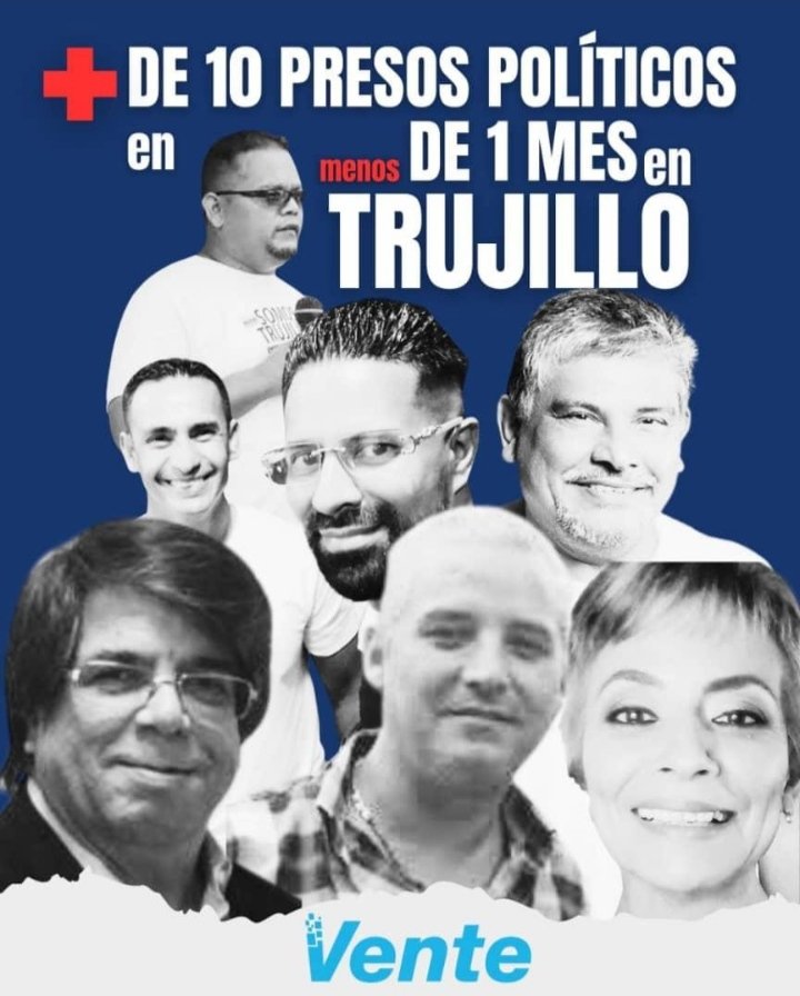 Más de 10 presos políticos en menos de un mes en Trujillo, así dicen que Trujillo está en paz. 

Irónicamente los que de verdad deberían estar presos por extorsionadores, violadores de Derechos Humanos y corruptos son otros.
