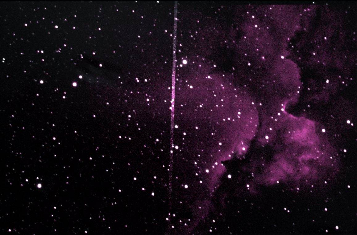 ignansen's tweet photo. Starlink cameo in my Astro project on the wizard nebula (ngc 7380). @elonmusk you owe me a SpaceX internship 🙏 please https://t.co/hIzNF3Swe9
