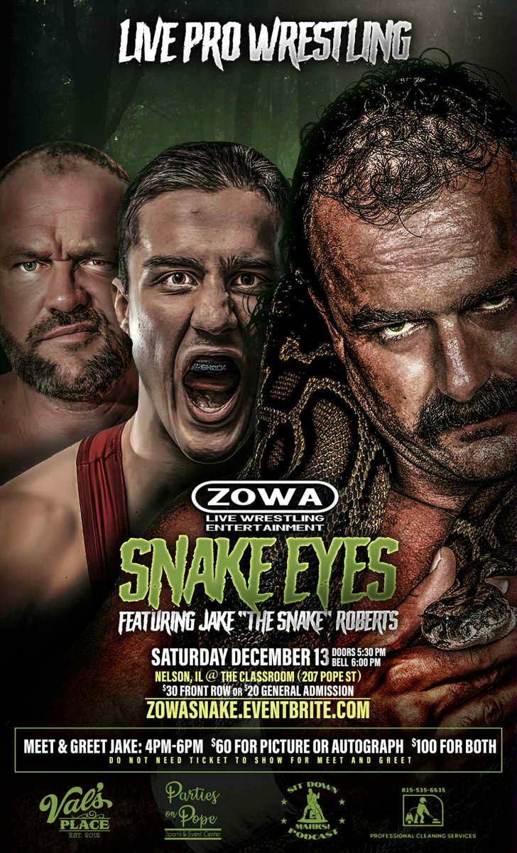 Our next two shows:
11/8 - Classroom - Nelson, IL 
12/13 ft: Jake "The Snake" Roberts - Classroom - Nelson, IL 
zowalive.eventbrite.com
zowasnake.eventbrite.com
