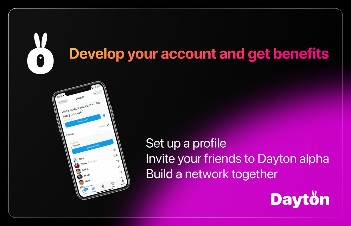 DaytonApp's tweet image. 🚀 Inviting friends to Dayton alpha? Easy way to grow together. Profile setup is key now; imagine AI helpers analyzing it later.
#Dayton #Airdrop #TON #NFT #PlayToEarn