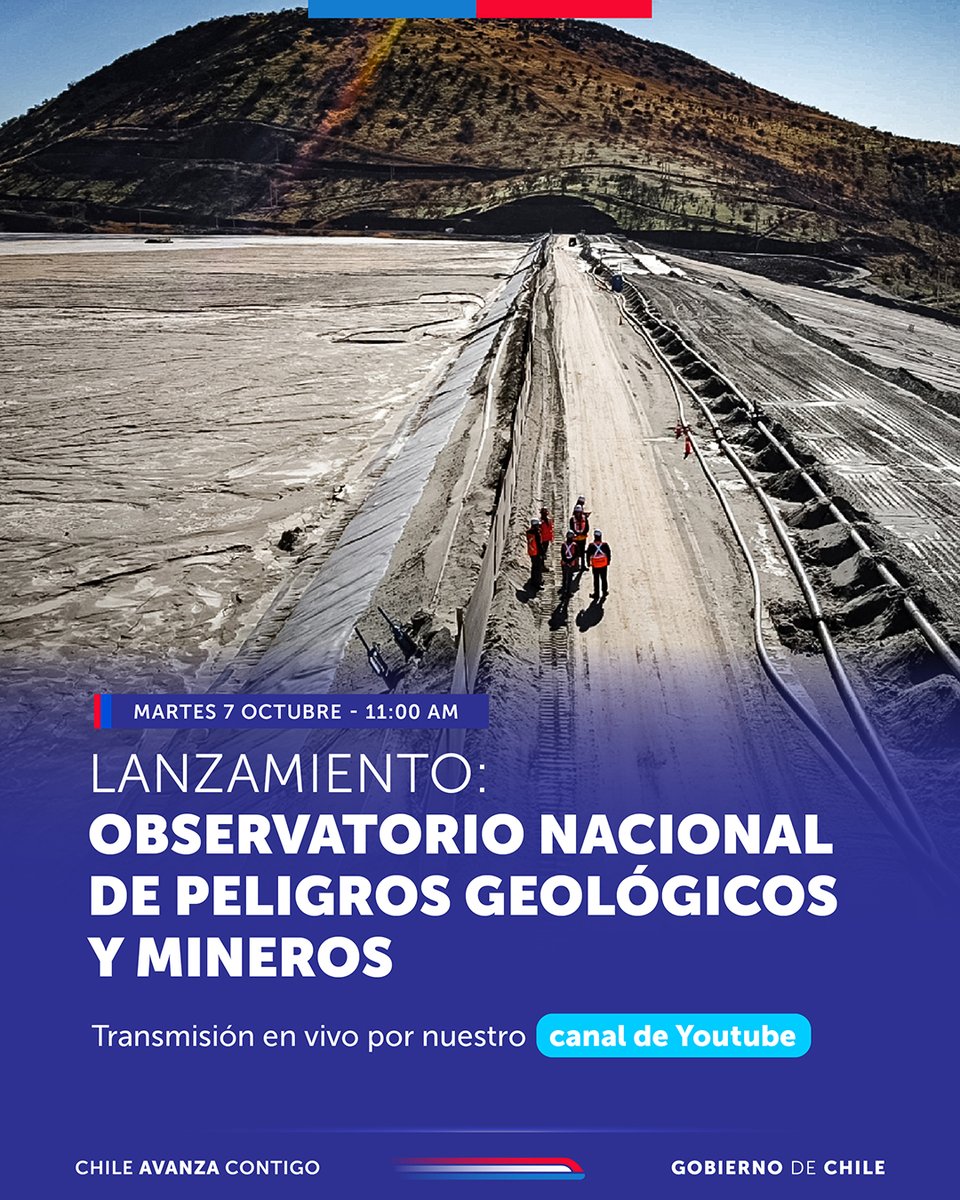 Te invitamos para este martes 7 de octubre a las 11:00 al lanzamiento del Observatorio Nacional de Peligros Geológicos y Mineros, proyecto de innovación  desarrollado por Sernageomin con aportes de Corfo. Sigue el evento en vivo aquí: youtube.com/live/vAmfs1CQj…