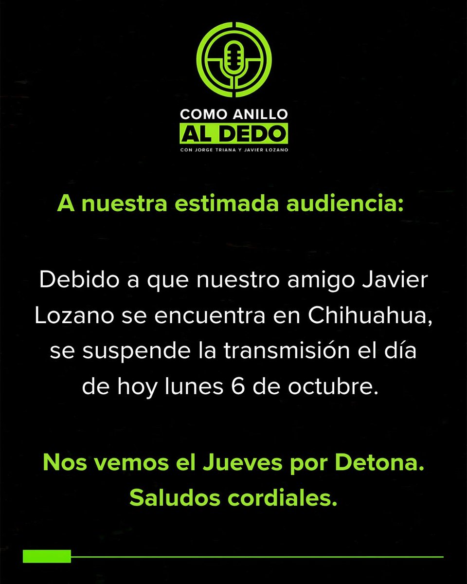 🚨 AVISO IMPORTANTE 🚨

Se suspende la transmisión el día de hoy. Nos vemos el jueves por <a href="/detonarealnews/">Detona - Real News</a> 💥