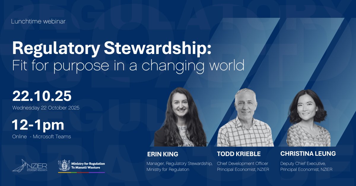 Still time to register for the upcoming NZIER and Ministry for Regulation webinar: 
Regulatory Stewardship – fit for purpose in a changing world 

Wednesday, 22 October | 12–1pm  

Register here: ap1.hubs.ly/y0jjqh0