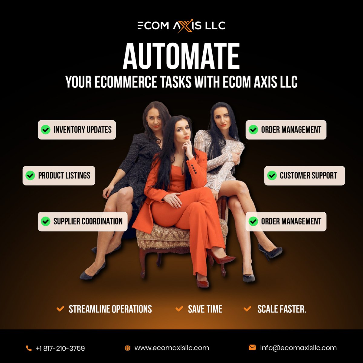 ecomaxisllc's tweet image. 🚀 Ready to scale your eCom biz without burnout?

Let ECOM AXIS LLC handle:
✅ Inventory
✅ Listings
✅ Suppliers
✅ Orders
✅ Support
🟠 Streamline. 🟠 Save time. 🟠 Scale fast.
📞 817-210-3759
🌐 ecomaxisllc.com
📧 info@ecomaxisllc.com
#EcomAutomation #BusinessGrowth