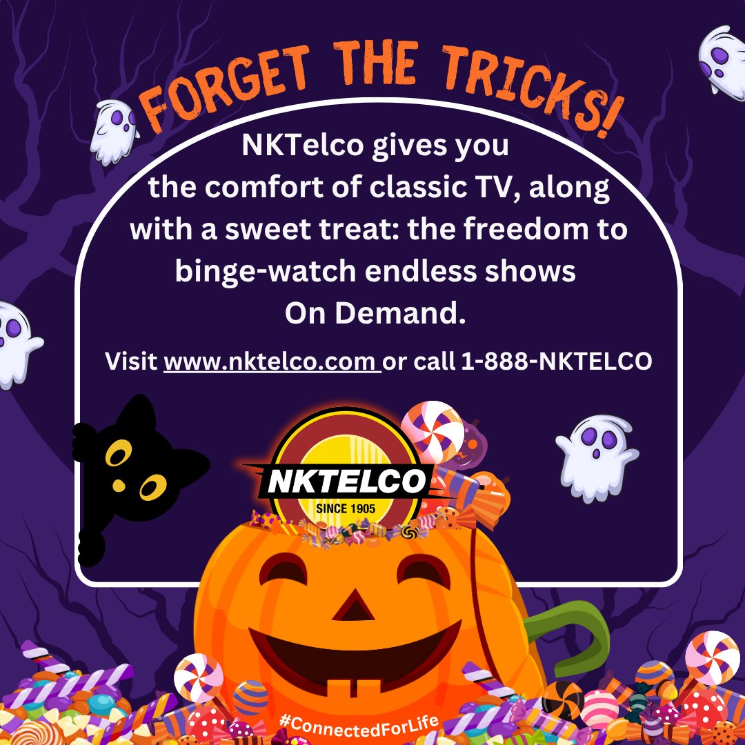 NKTelcoInc's tweet photo. Forget the Tricks! Get the best treats with your local provider- NKTelco!

✅ Local Channels
✅ HD Quality
✅ DVR Options

Visit https://t.co/gdOzJomyTk to see channel lineups and packages!

#NKTelco #LocalTV #VideoService #StreamingTV #NoTricks #OnlyTreats #ConnectedForLife https://t.co/pn6Dmc6z86