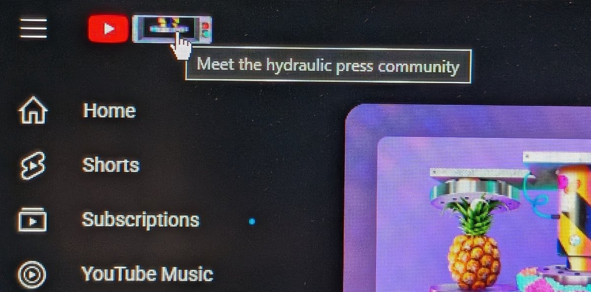 Mikelocalypse's tweet photo. It's labelled 'Meet The Hydraulic Press Community' while featuring only two actual press channels.  

This link was next to the YouTube logo seen by all https://t.co/8wIqp7XxJR