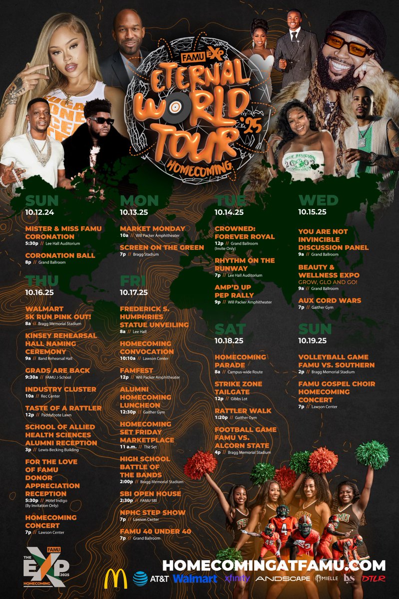 FAMU_1887's tweet photo. Get ready for the ultimate celebration with the #FAMUEXP Eternal World Tour Homecoming 25 lineup! π From coronation balls to football games, step shows to wellness expos and so much more this week has something epic for everyone! ππ
π https://t.co/b2sbTK4k31 #FAMUHC25 https://t.co/EkJJOF7iB8