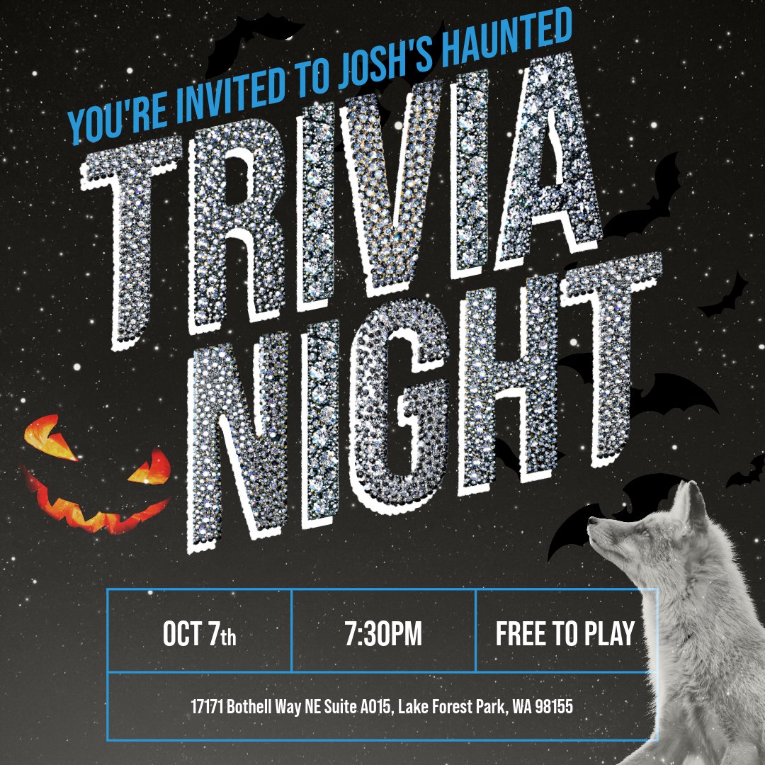 Are you ready to conquer a Haunted Trivia?

Join Josh tomorrow, Oct 7th at 7:30 PM for a night of spine-tingling excitement! Teams of up to 6 battle it out for fantastic prizes. It's FREE to play—just bring your A-game and your love for all things spooky! 🎃