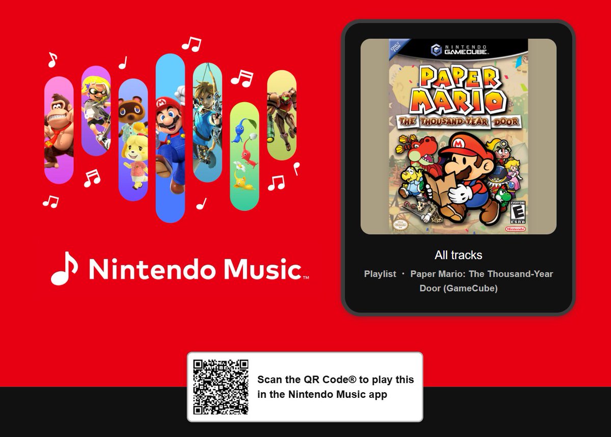 Paper Mario: The Thousand-Year Door OSTs added to Nintendo Music

Nintendo Switch OST (275 tracks) m.nintendo.com/shared/en-US/U…
GameCube OST (111 tracks) share.music.nintendo.com/en-US/US/offic…

no new music on Nintendo Music next week