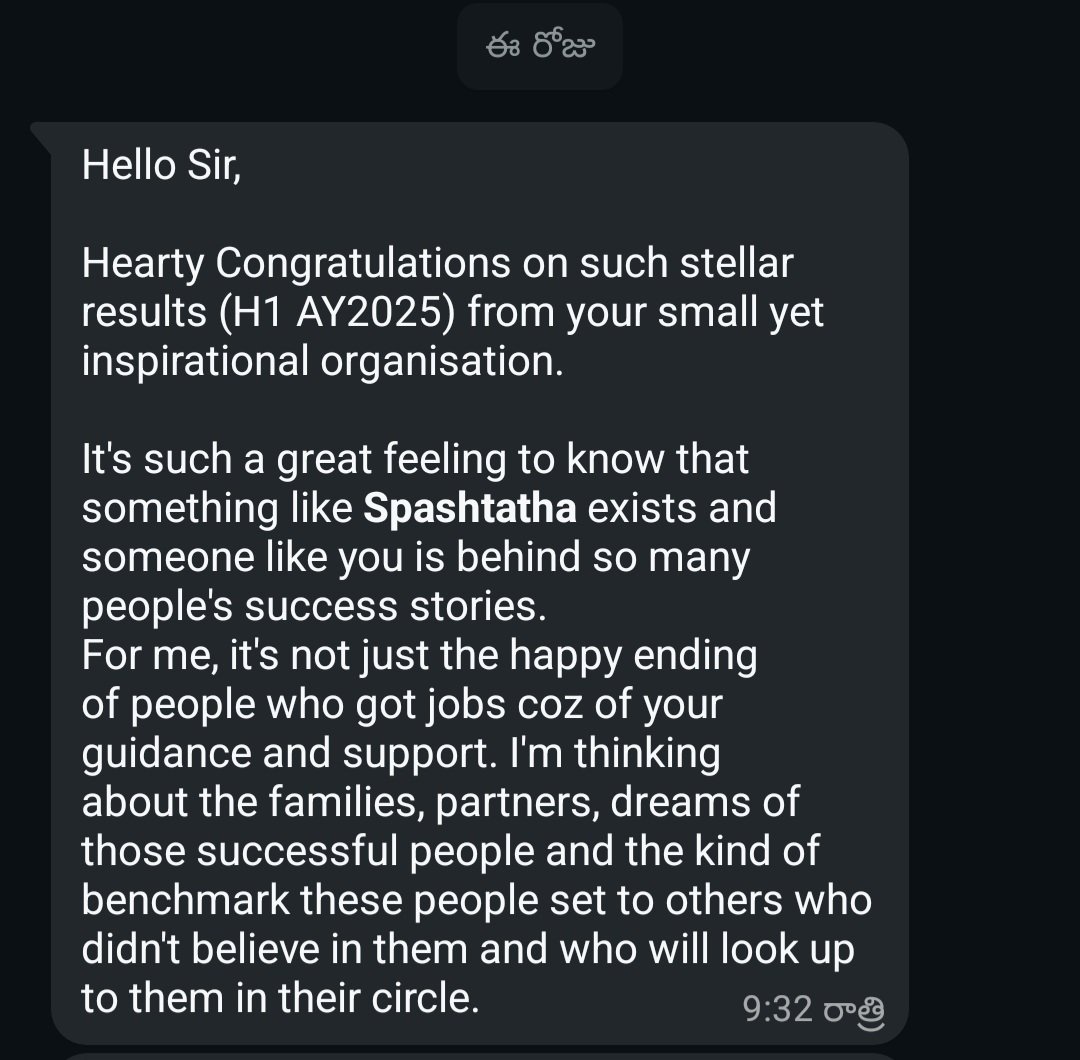 Spashtatha's tweet image. చాలామంది ఫలితాన్ని మాత్రమే చూస్తారు..
కొంతమంది మాత్రమే ఆ ఫలితం వల్ల చేకూరే ప్రయోజనాన్ని చూస్తారు.మీ ఈ అమూల్యమైన మాటలకు ధన్యవాదాలు సంతోష్ గారు.మూస ధోరణిలో ఆలోచిస్తున్న యువతకు అపార అవకాశాలు ఉన్న ఐటీయేతర రంగాల వైపు సరైన నిర్దేశకత్వం చేయాలన్నదే మా #స్పష్టత సంకల్పం.
#Spashtatha