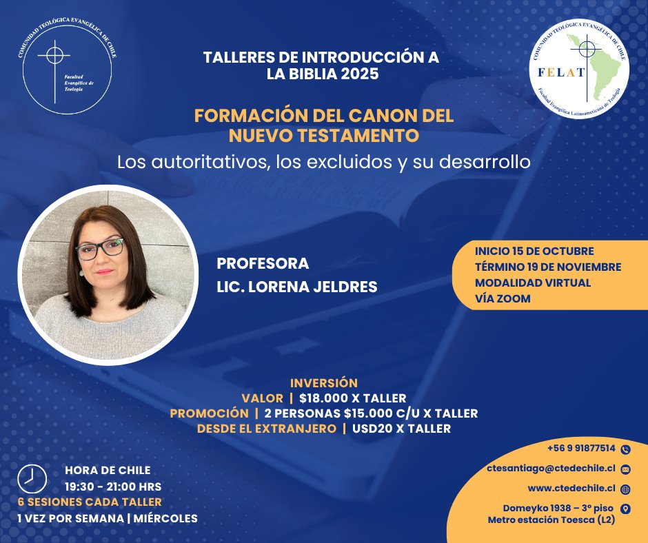 El 15 de octubre iniciamos el tercer y último taller de este ciclo, llamado: "Formación del Canon del Nuevo Testamento: los autoritativos, los excluidos y su desarrollo". Para garantizar su ingreso, deben llenar el siguiente formulario electrónico: 
forms.gle/4P5534jZW3d4Bc…