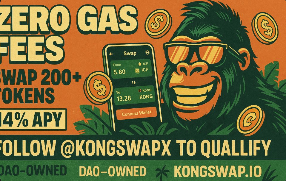 $MAPTF / $KONG pool is LIVE . I just jumped into the crypto jungle with @kongswapx — followed and locked in for rewards! 🦍
Swap 200+ tokens gas-free, stake KONG for 14% APY, try prediction markets, and enjoy fast bridgeless trading. Follow to be eligible: kongswap.io
