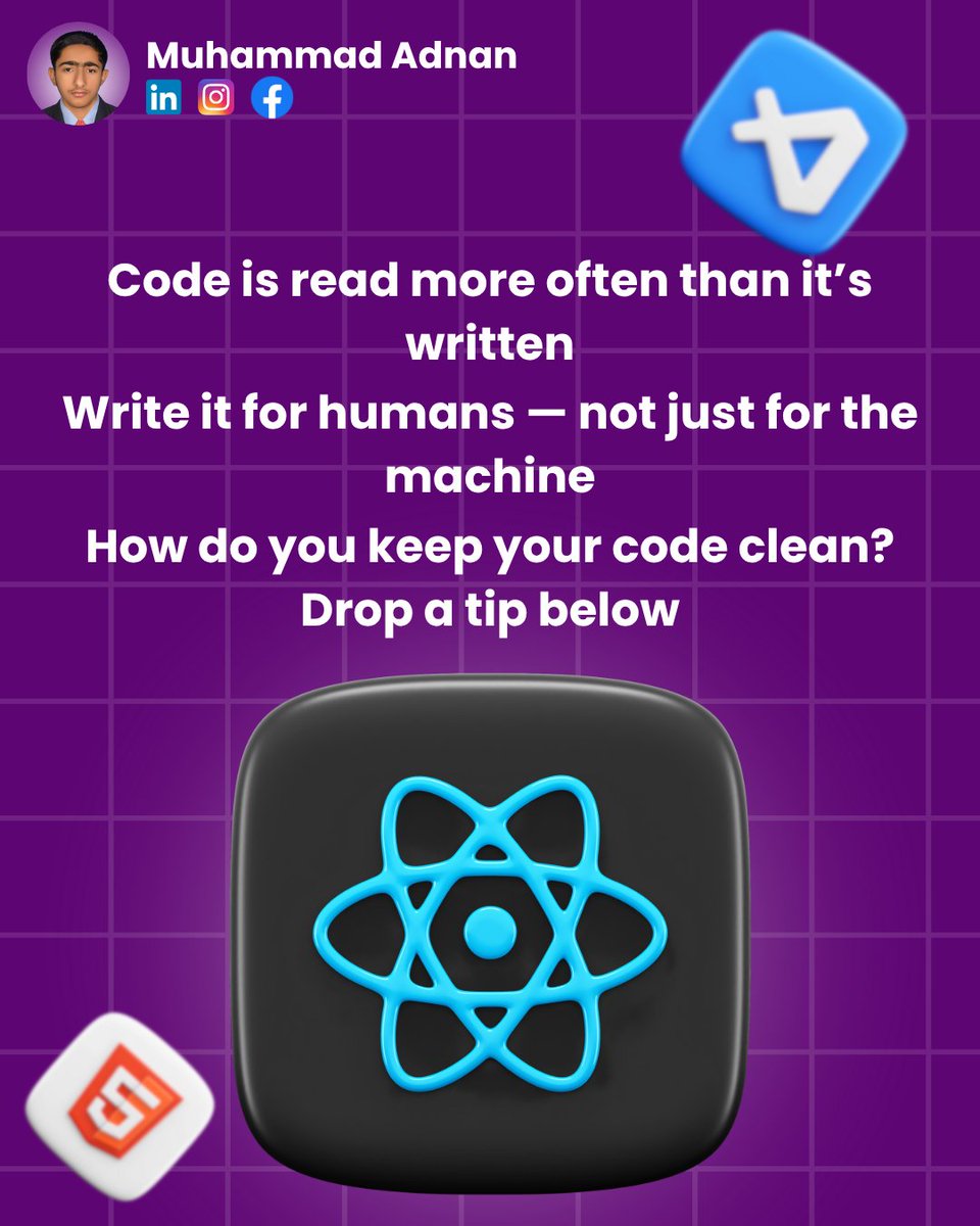 developeradnan_'s tweet image. Real developers don’t just make code work — they make it make sense.
Clean code saves time, reduces bugs, and helps your future self. 💻
What’s your #1 clean code rule?”
#CleanCode #ProgrammingTips #DeveloperMindset #CodingLife