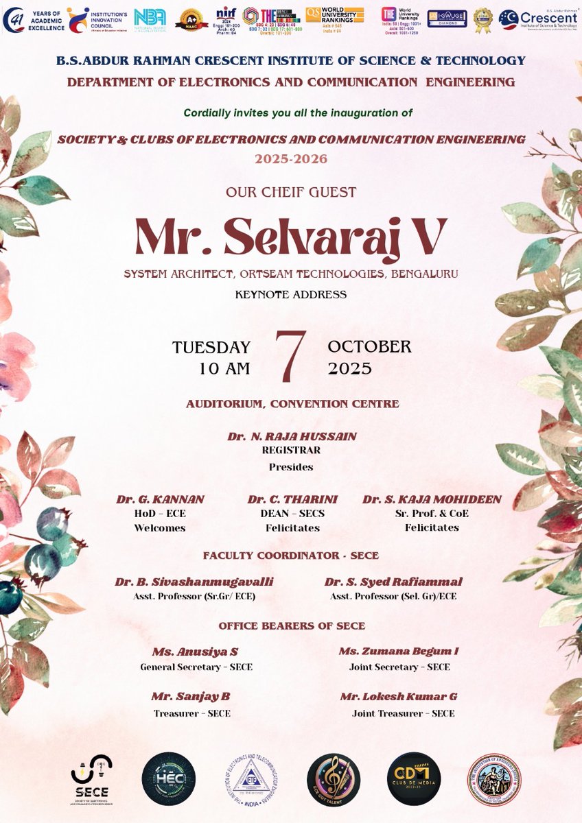 crescent_ece's tweet image. 🌟 You're Invited! 🌟
Join us for the Inauguration of the Society &amp;amp; Clubs of ECE (2025–2026) 

  7 Oct 2025 | 🕙 10 AM
📍 Convention Centre Auditorium
🎙️ Chief Guest: Mr. Selvaraj V, System Architect, Ortseam Technologies, Bangalore

#ECE #SECE #Innovation #bsacrescentinstitute