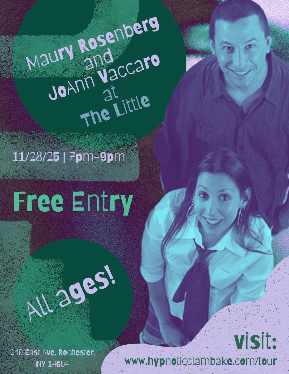 HClambake's tweet image. Picture this, you're full of turkey, cranberry sauce and glee and another Thanksgiving is in the books. What's next? You're Welcomegiving Day, of course! Indulge in the savory sounds of our very own Maury Rosenberg and JoAnn Vaccaro at The Little Theatre! hypnoticclambake.com/tour