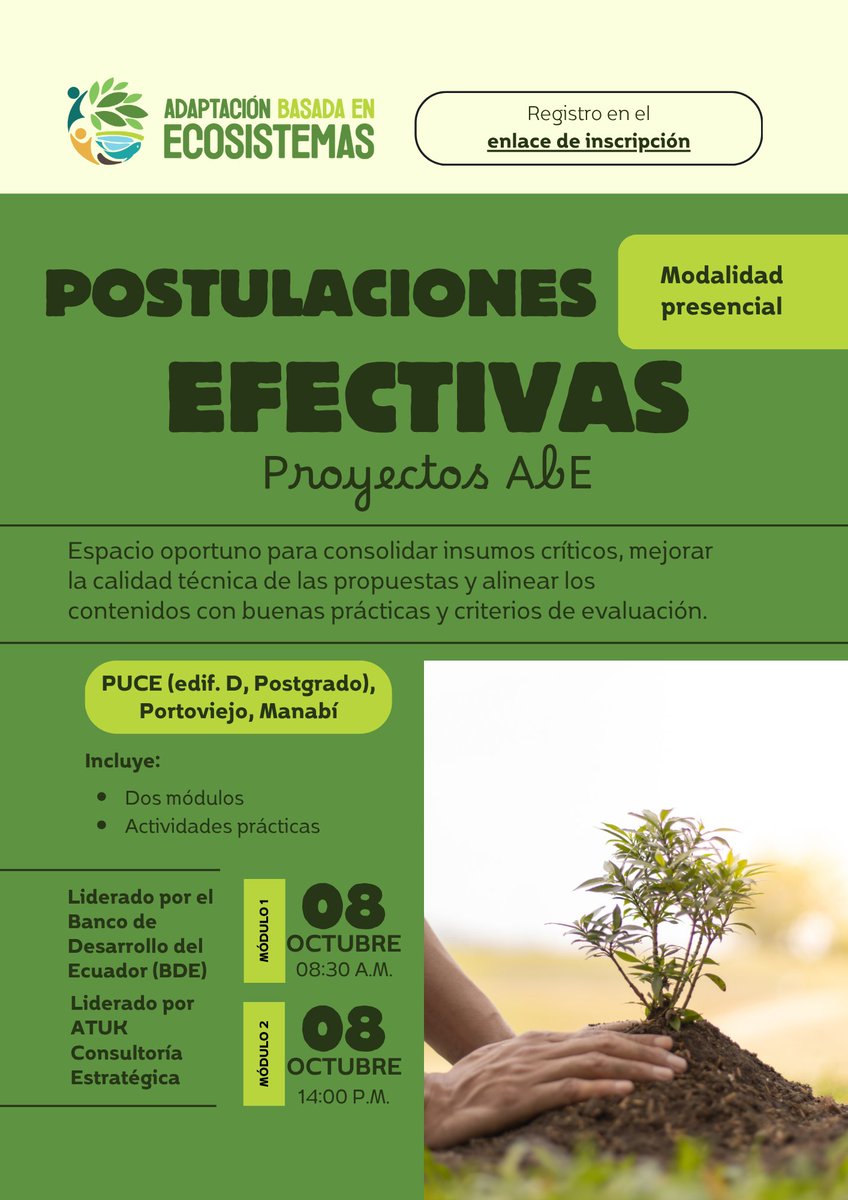 Junto al Programa EbA LAC (<a href="/GIZEcuador/">GIZ Ecuador</a>, <a href="/UICN_SUR/">UICN América del Sur</a>) y al Banco de Desarrollo del Ecuador (<a href="/BDEcuadorBP/">Banco de Desarrollo del Ecuador B.P.</a>), estamos organizando un taller de postulaciones efectivas para fortalecer una cartera de proyectos AbE con GAD de Manabí.

8 de Oct, Portoviejo,🇪🇨.
Link: answer.atuk.cloud/879585?lang=es