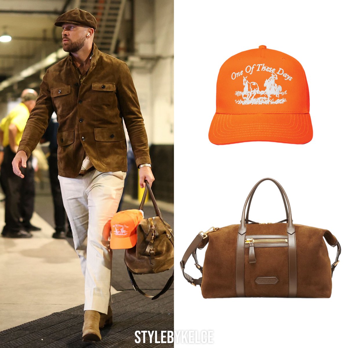 Travis Kelce arrives in Jacksonville, Florida with the <a href="/Chiefs/">Kansas City Chiefs</a> ⋆ October 5, 2025

#TomFord Suede Jacket ($9,990) 
#JLoganHome The Maison Shirt ($2,650/sold out)
<a href="/Cartier/">Cartier</a> Santos De Cartier Watch ($44,300)
@OneOfTheseDays Just A Moment Hat ($40) 
@TomFord Buckley Holdall ($5,250)