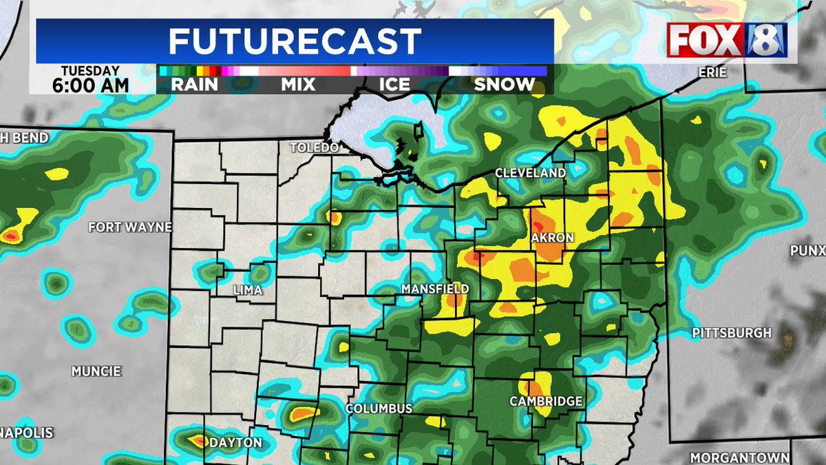 Rain on the way! Waking up to showers and pockets of heavy rain. Sct'd rain will continue through the day before moving out Tuesday night late. 

<a href="/fox8news/">fox8news</a> #Ohio #Cleveland