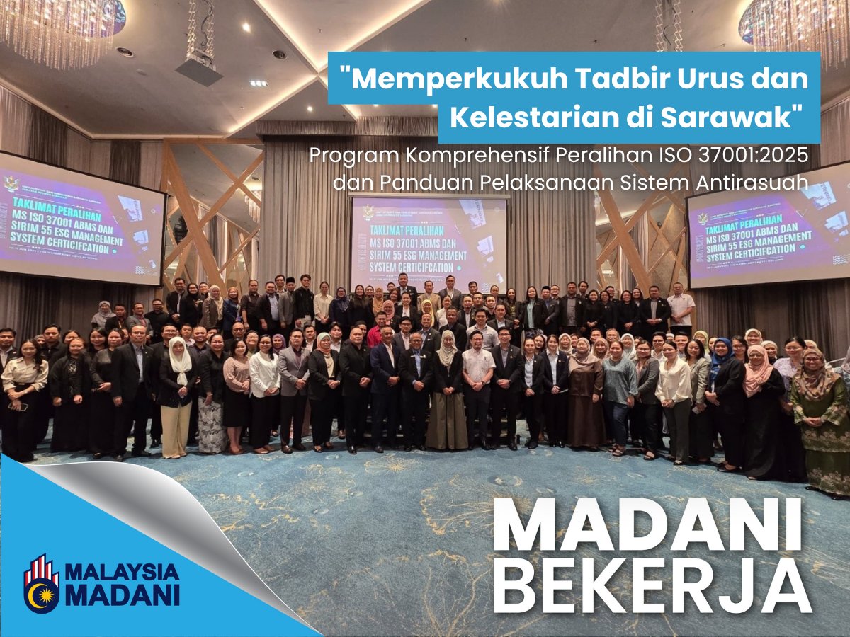 SIRIM Berhad melalui anak syarikat, SIRIM QAS International menyertai Sesi Peralihan ABMS Sarawak, menumpukan pada ISO 37001:2025 dan memperkukuh kerangka antirasuah. Program ini menekankan pengintegrasian prinsip ESG bagi memperkukuh tadbir urus beretika di Malaysia.

#SIRIM