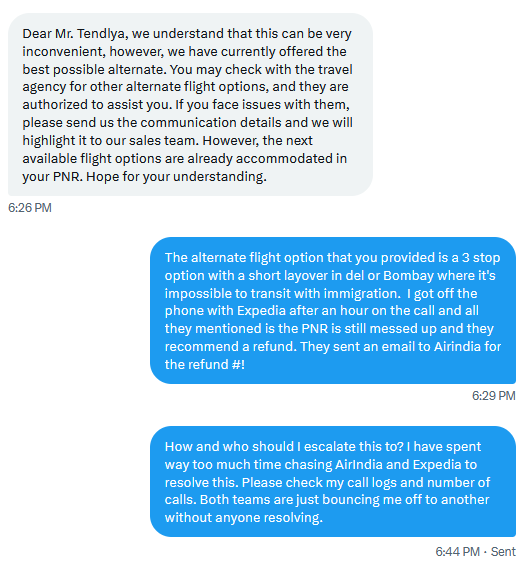 bkartz0207's tweet photo. Almost 2 days later, I am still going through the nightmare with @airindia and @ExpediaHelp @Expedia. Its appalling to see neither taking ownership to refund and compensate. I booked alternate flight spending $2.5K extra due to no fault of mine. https://t.co/SONctvrou5
