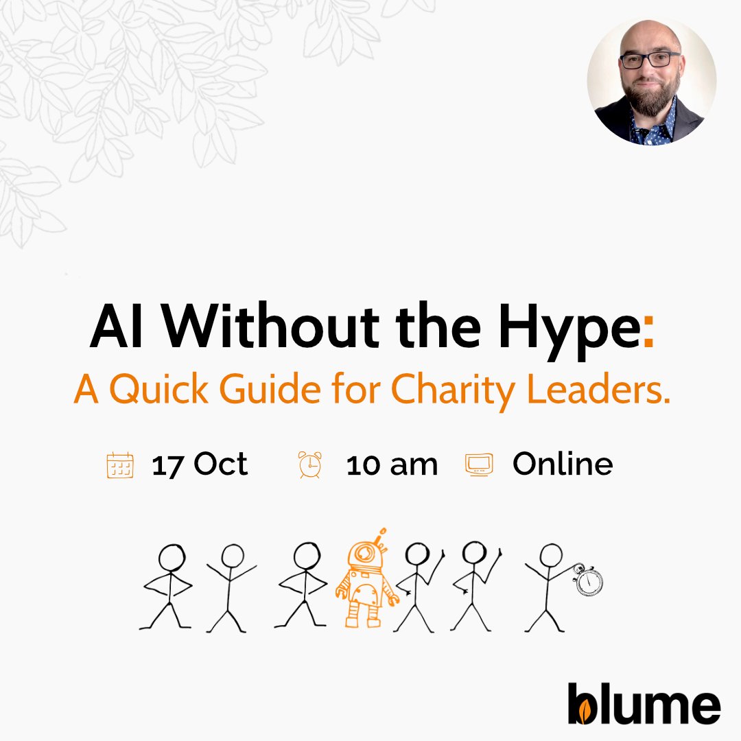 Blume_Life's tweet image. Over 120 of you have signed up for our next free webinar with Alex Evans.
His 30-minute, straight-talking update on #AI for charities is proving to be a hit.
Make sure you don't miss out!
▶️eventbrite.com/e/ai-without-t…
#SmallCharity #FreeTraining #Charity