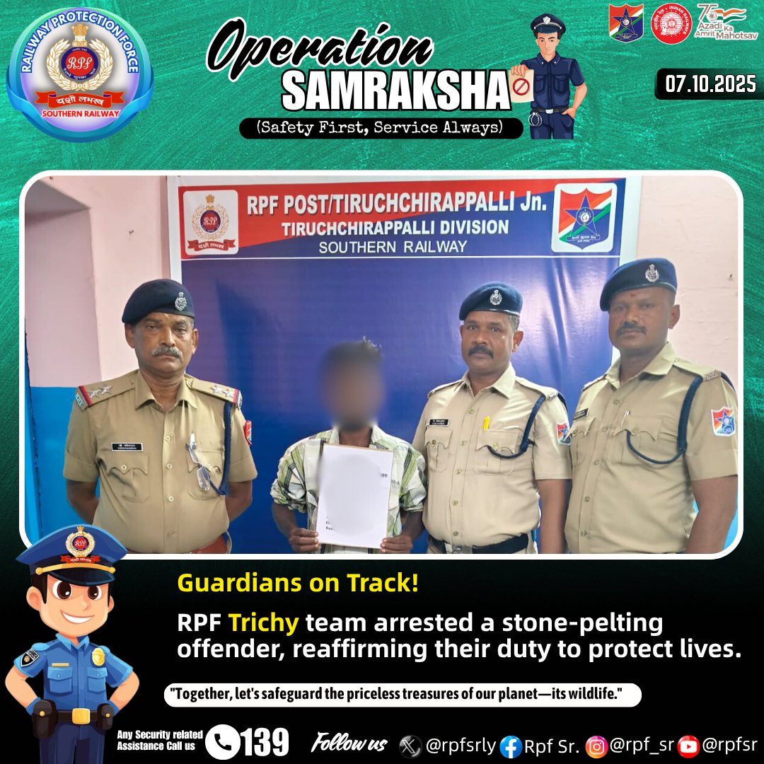 rpfsrly's tweet image. 🛡️ Guardians on Track!
RPF Trichy team arrested a stone-pelting offender, reaffirming their duty to protect lives. 💙
#RPFCares #RailwaySafety #SwiftAction @RailMinIndia @RPF_INDIA  @GMSRailway