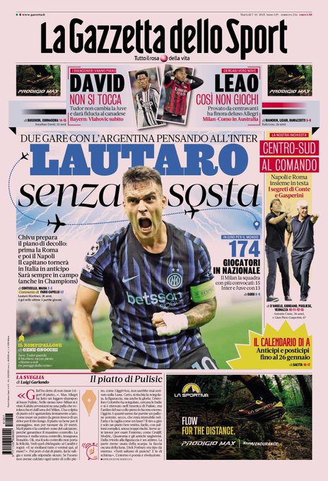 Newspaper front page titled La Gazzetta dello Sport with pink background, featuring images of soccer player Lautaro Martinez in Inter Milan blue jersey celebrating with mouth open and arms raised, another player in red and black AC Milan kit, David in action, Leao posing, Tudor in suit, and various headlines in Italian about Serie A teams like Inter, Milan, Juventus, national team call-ups, and schedules.